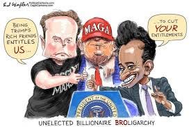 Cartoon of Musk and Ramaswarty smirking next to Trump in front of a podium. Musk says "Being Trump's rich friends entitles us..." and Ramaswarthy says "...to cut your entitlements"