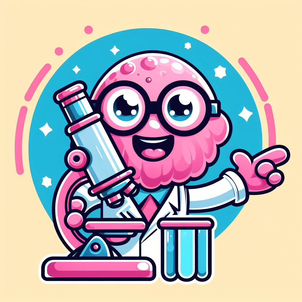 pink alien scientist working at their microscope