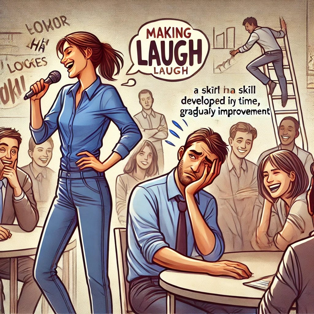 A scene of two individuals trying to tell jokes: one person is making people laugh effortlessly, with confident body language and an engaging smile. The other person looks frustrated, with their joke falling flat as a few people stare blankly. The background features a social gathering in a casual setting. Symbols of learning, like books and a ladder, appear behind the second individual, representing the idea that humor is a skill that can be developed over time, with gradual improvement.