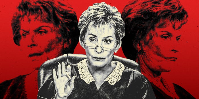 Judge Judy in the center with two other photos of Judge Judy facing out to the left and right behind her. the background is a red to dark red gradient.