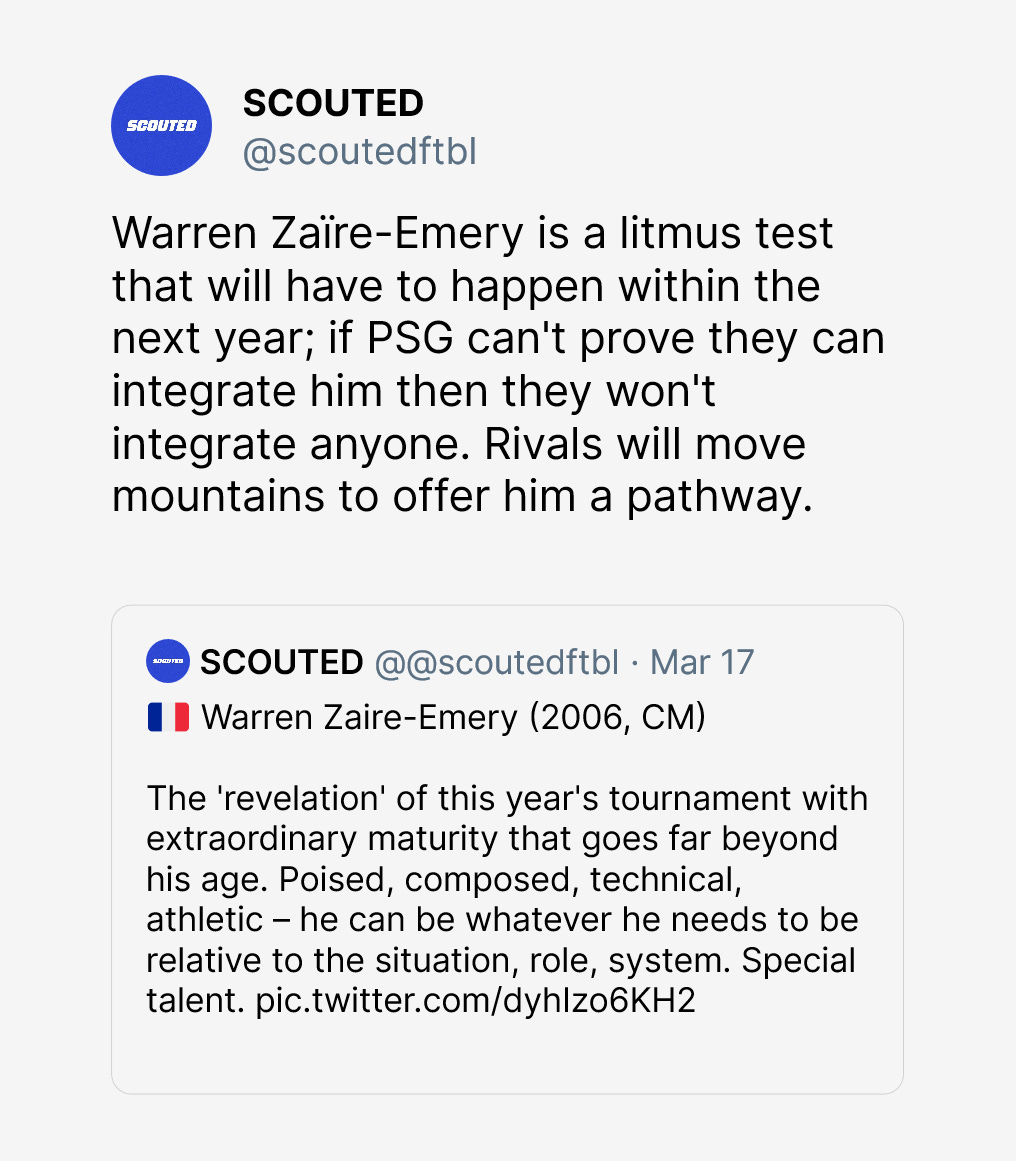 A screenshot of a SCOUTED tweet which highlights PSG's need to integrate Warren Zaïre-Emery into the first team.