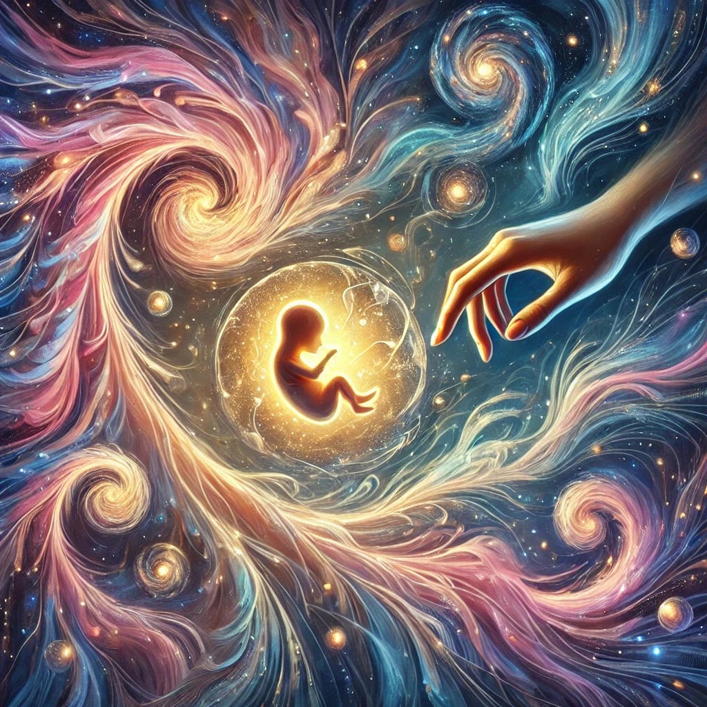 A surreal, ethereal scene inspired by the journey of a soul before birth, with a cosmic background full of swirling galaxies and glowing stars. Delicate, flowing waves of light symbolize unborn souls, hinting at a spiritual connection. At the center, a warm light cocoon holds an unborn child, surrounded by a soft halo. Gentle, nurturing hands extend towards the cocoon, representing communication between mother and child. The color palette includes soft pinks, blues, and lavenders, mixed with bright golden hues, all styled with flowing, expressive brush strokes like an oil painting. Wisps of light and gentle spirals intertwine with the scene, creating a dreamy and mystical atmosphere.