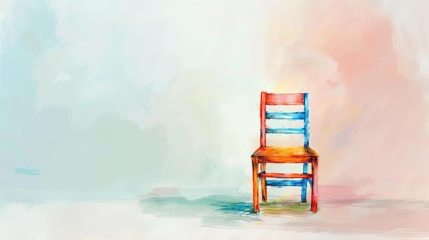 Artistic rendering of a solitary wooden chair painted in red and ...