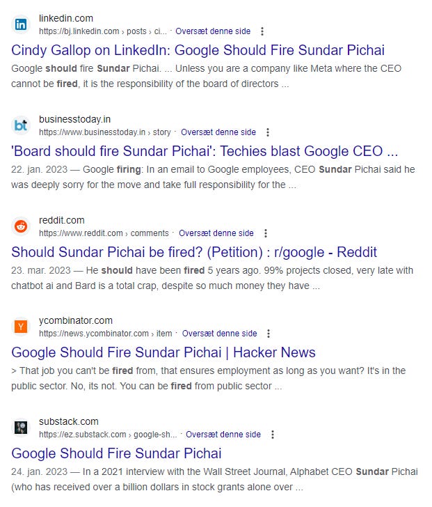 Screenshot of Google's first page with articles about Google having to fire Sundar