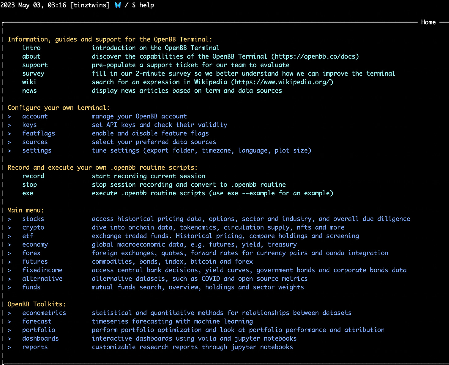 OpenBB Terminal help menu (Screenshot by authors)