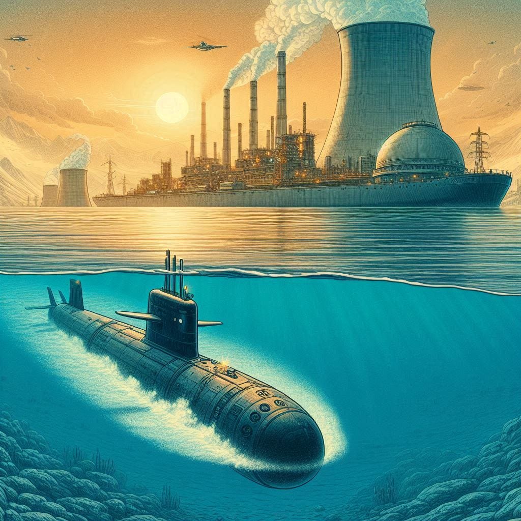 submarine in the ocean near a giant nuclear reactor barge, solarpunk drawing