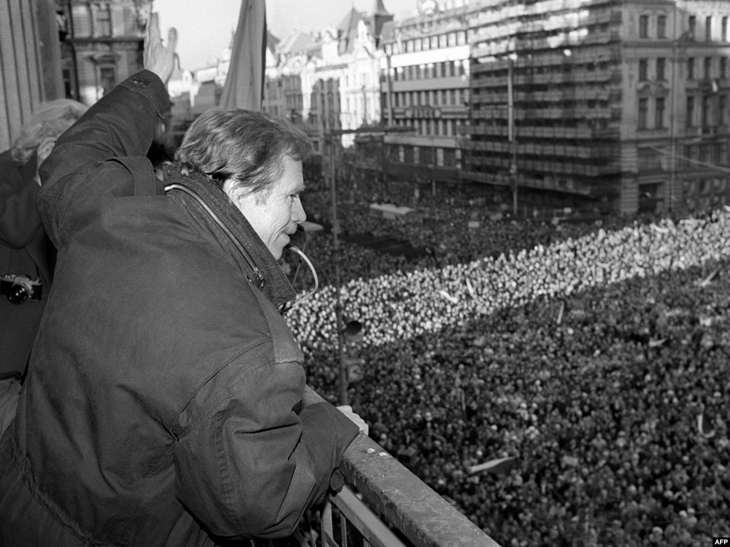 Vaclav Havel, a leading member of the Czechoslovak opposition, waves to the crowd of demonstrators on Wenceslas Square in Prague on December 10, 1989. Vaclav Havel, a leading member of the Czechoslovak opposition, waves to the crowd of demonstrators on Wenceslas Square in Prague on December 10, 1989.