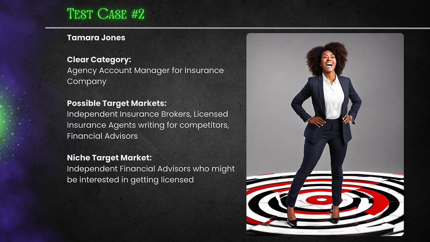 Infographic: Tamara Jones Clear Category: Agency Account Manager for Insurance Company Possible Target Markets: Independent Insurance Brokers, Licensed Insurance Agents writing for competitors, Financial Advisors Niche Target Market: Independent Financial Advisors who might be interested in getting licensed