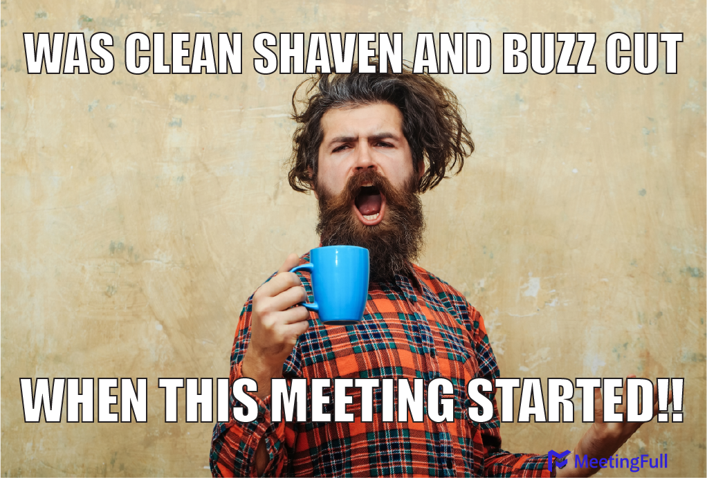 Person with wild hair and beard captioned "Was clean-shaven and buzz-cut when this meeting started!!"