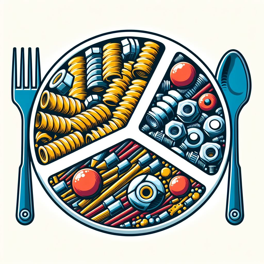 Create a logo of a round plate divided in three portions. Each portion contains foods in form of bolts, nuts and electric wires, making it look like a pasta with meat balls. The logo is for a newsletter called The Tech Buffet. White background.