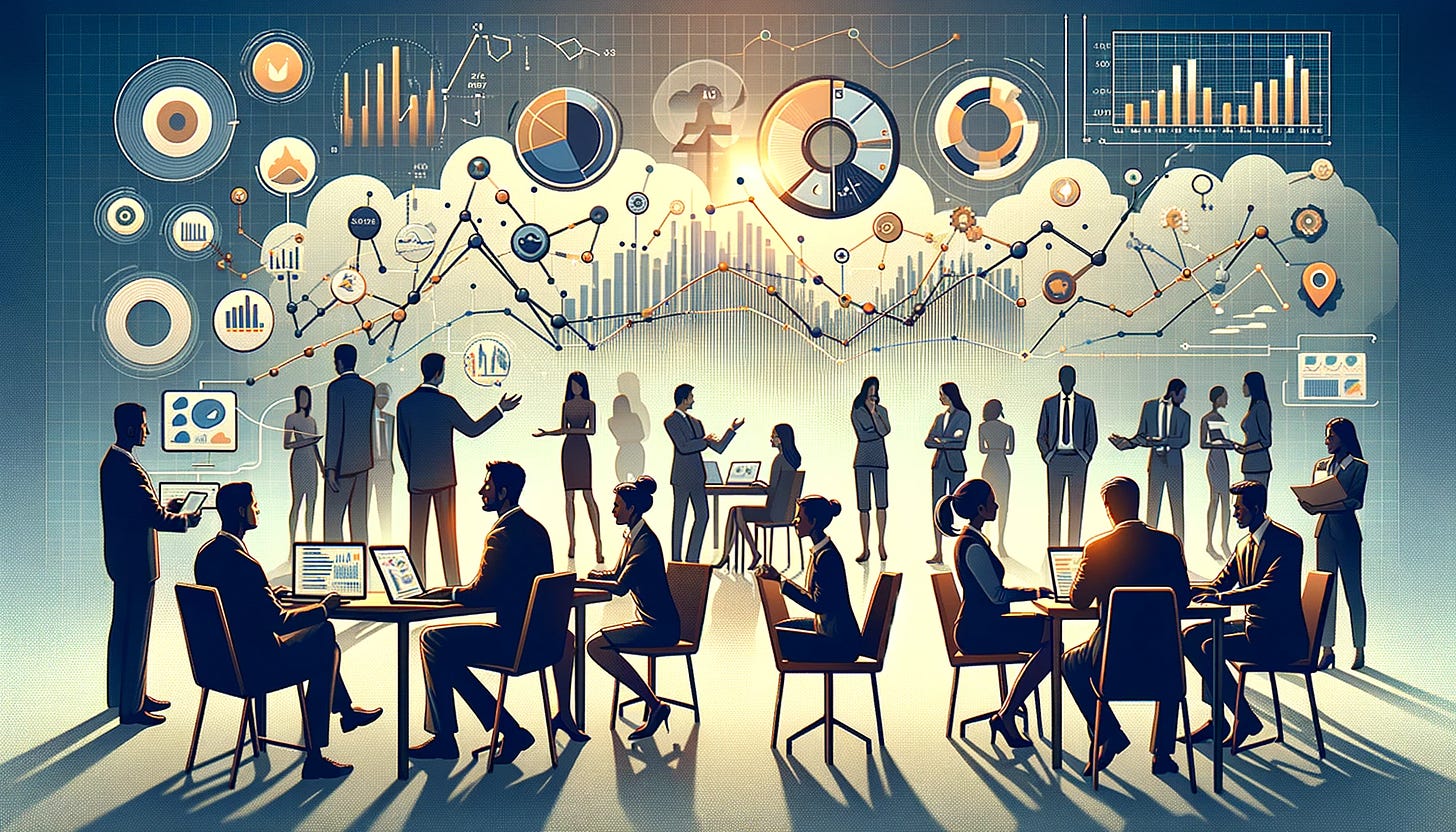  An illustration of a diverse group of business professionals engaging in active discussion in a modern office setting, with a variety of charts, graphs, and data visualizations in the background, symbolizing the strategic analysis and communication of product metrics