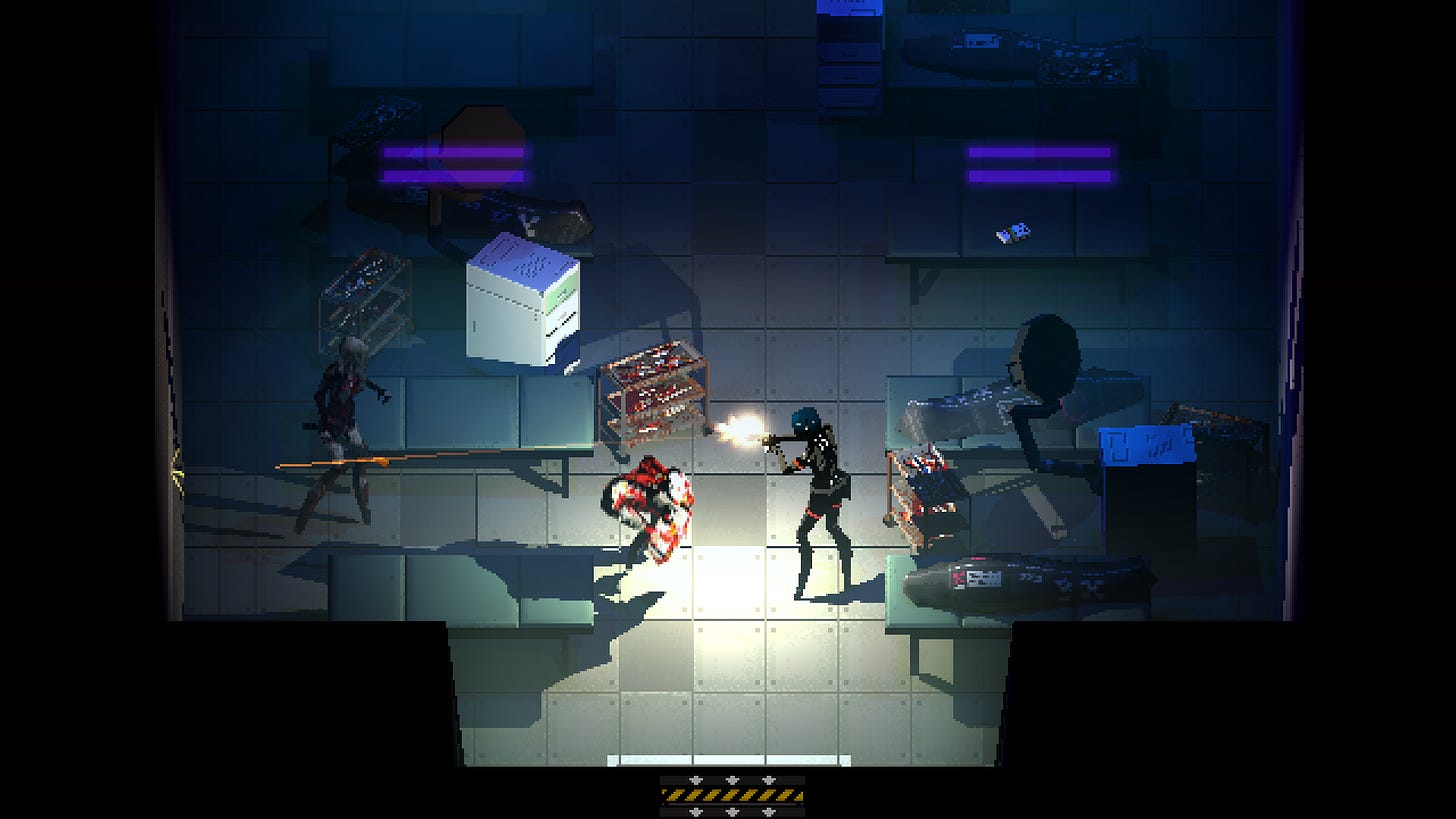 A character shooting at two monsters in a dark room
