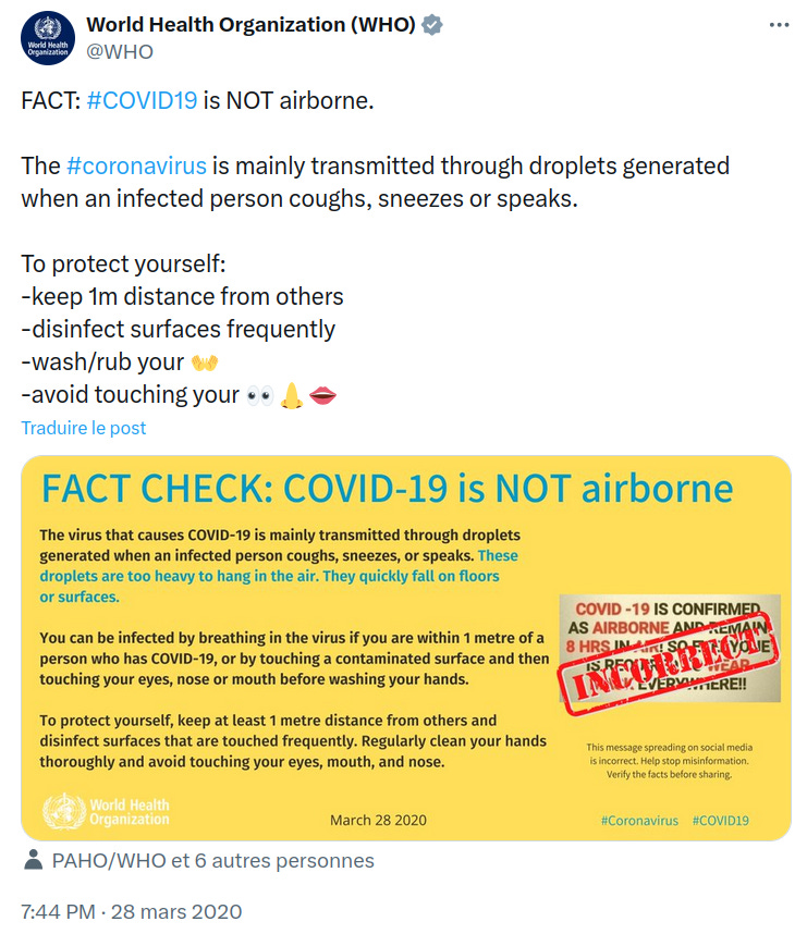 Capture du tweet de l’OMS publié le 28 mars 2020 accompagné d’une image sur laquelle est écrit en gros “Fact check : Covid is NOT airborne”