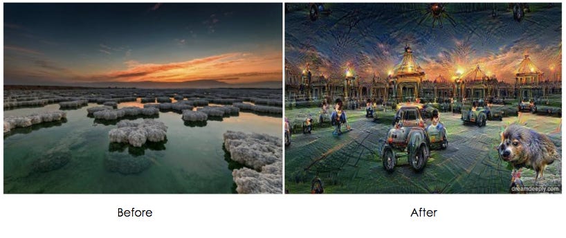 Before and after deep dream: A landscape that has been transformed with dreamy shapes