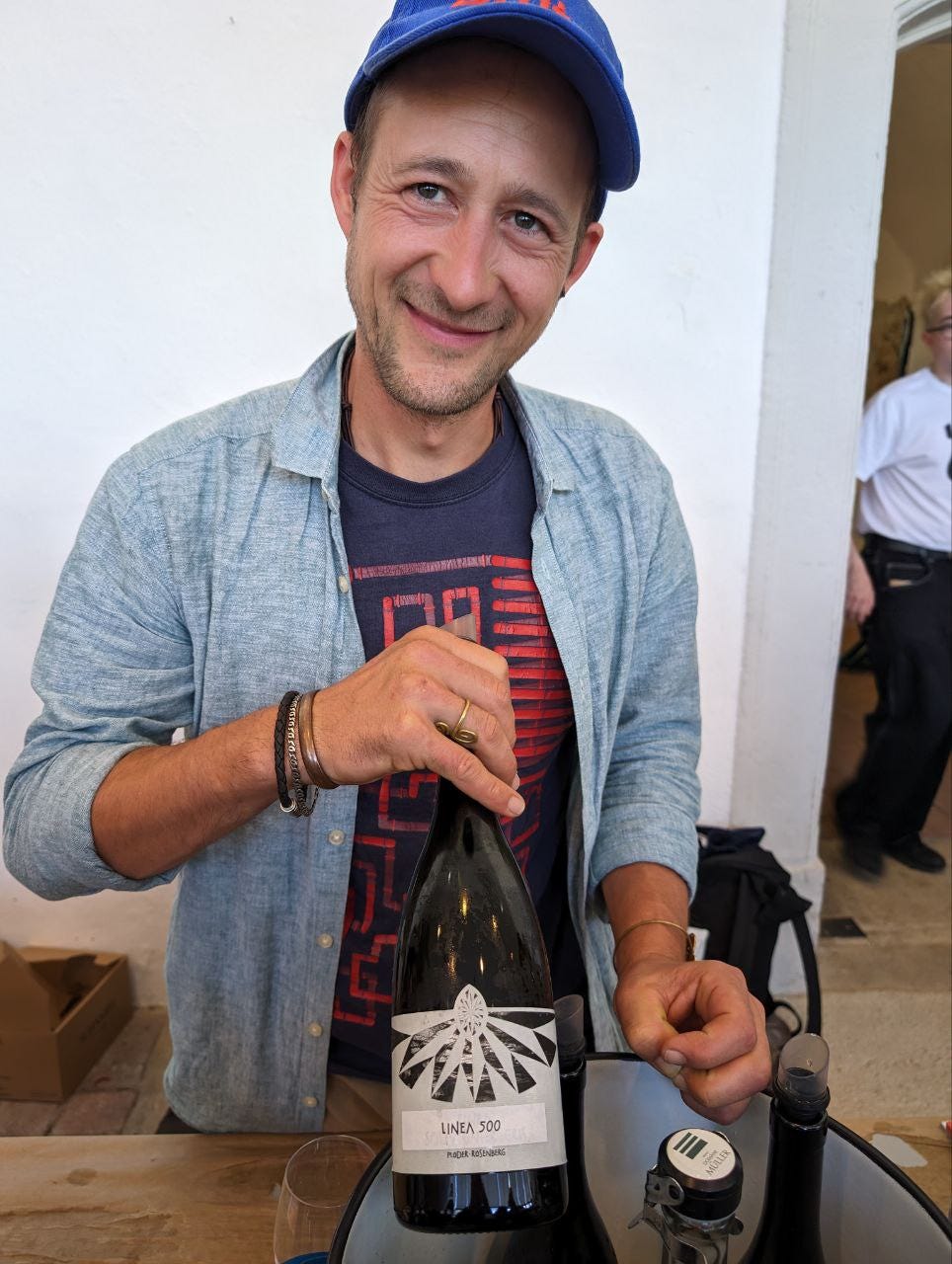 Manuel Ploder at this year's Karakterre wine fair, with one of the wines he was forced to relabel
