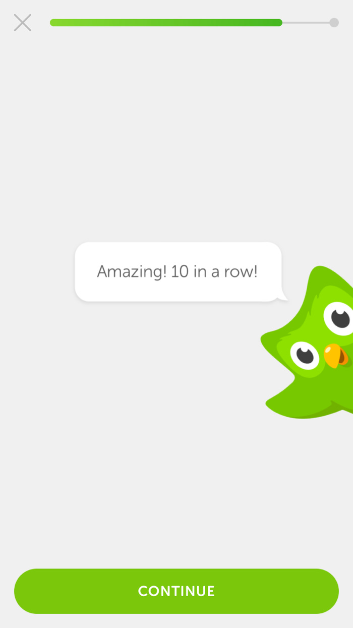 Duolingo mascot’s notification ‘Amazing! 10 in a row! pop-up.