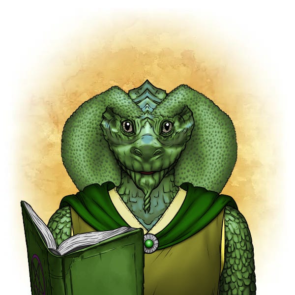 Lucky, a lizard woman, holds a green book in her hands and looks out at the viewer.