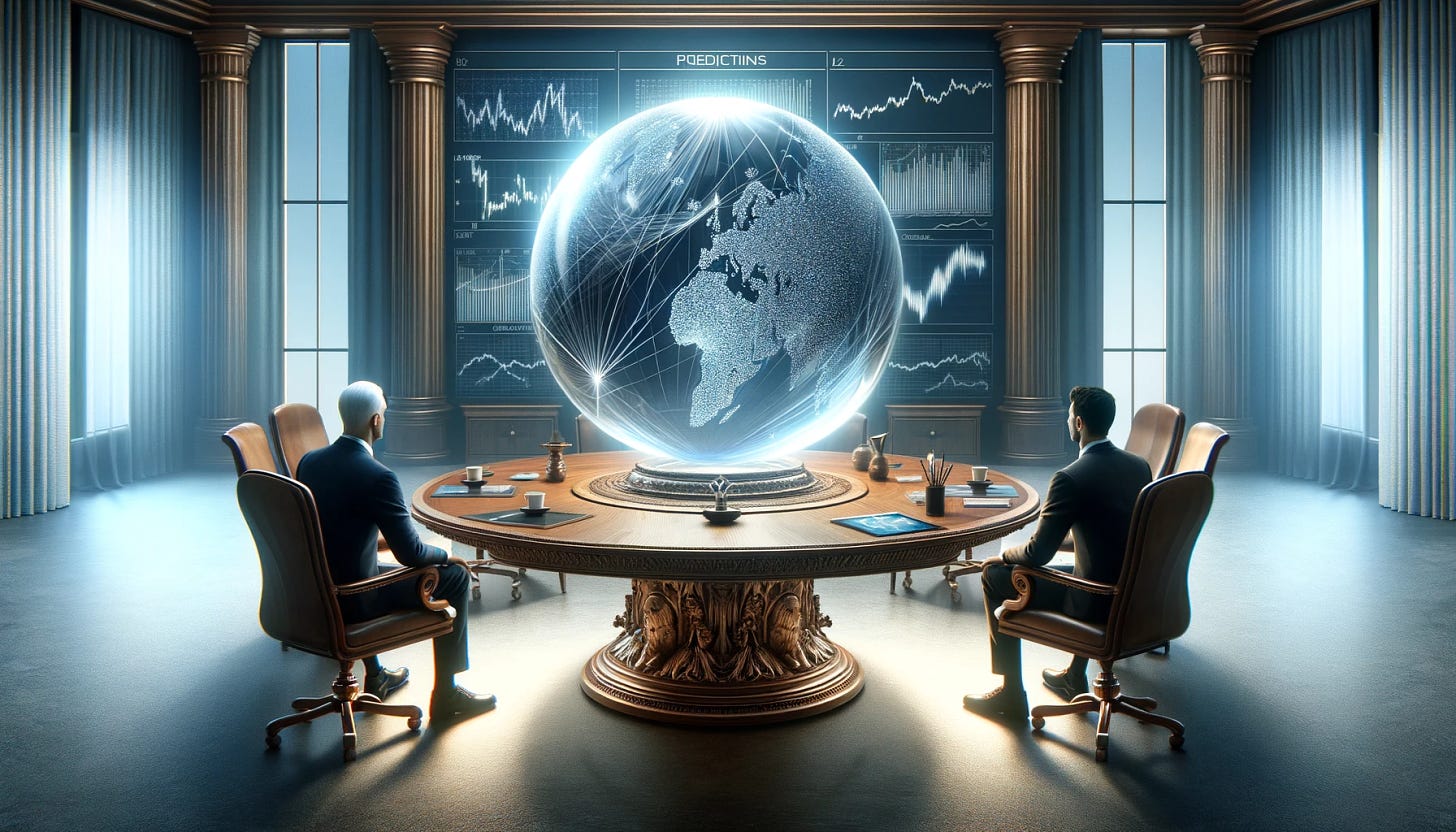 A modern conference room setting with a large, ornate wooden table. In the center of the table is a shimmering crystal ball radiating a soft glow. Around the table, two figures are seated, discussing future financial trends and predictions. One figure represents Franklin Templeton, depicted as a Caucasian male in a sophisticated suit, and the other represents Grant Cardone, depicted as a Caucasian male in a sharp, modern suit. They are both intently looking into the crystal ball, searching for insights into future market movements. The room is adorned with charts and graphs symbolizing the financial market.