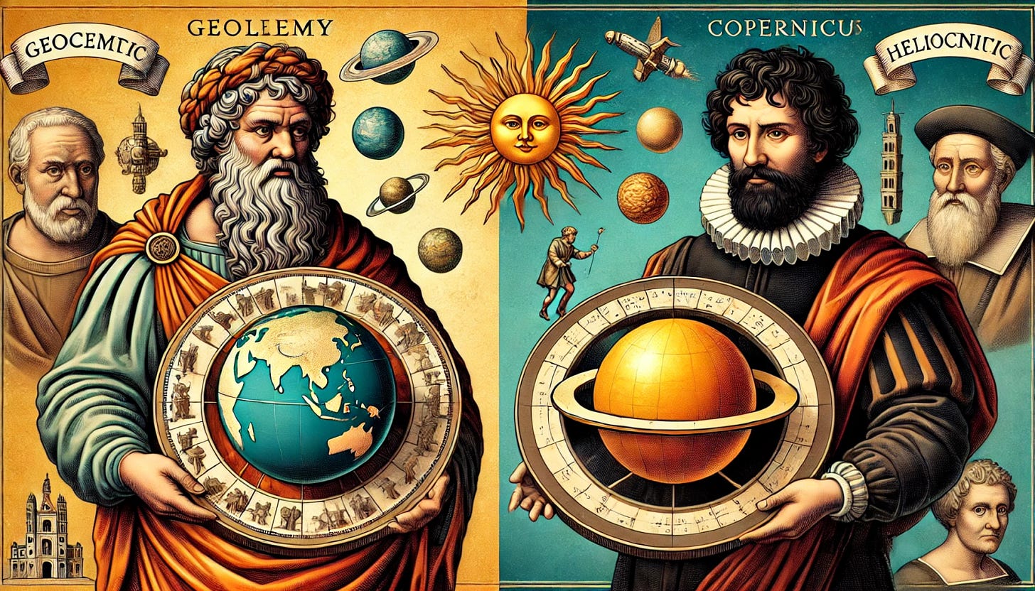 An illustration contrasting two historical scientific paradigms: the geocentric model of the universe with the Earth at the center, and the heliocentric model with the Sun at the center, depicting Ptolemy, Copernicus, and Galileo. Show Ptolemy holding a model of the Earth-centered universe, while Copernicus and Galileo present the Sun-centered model.