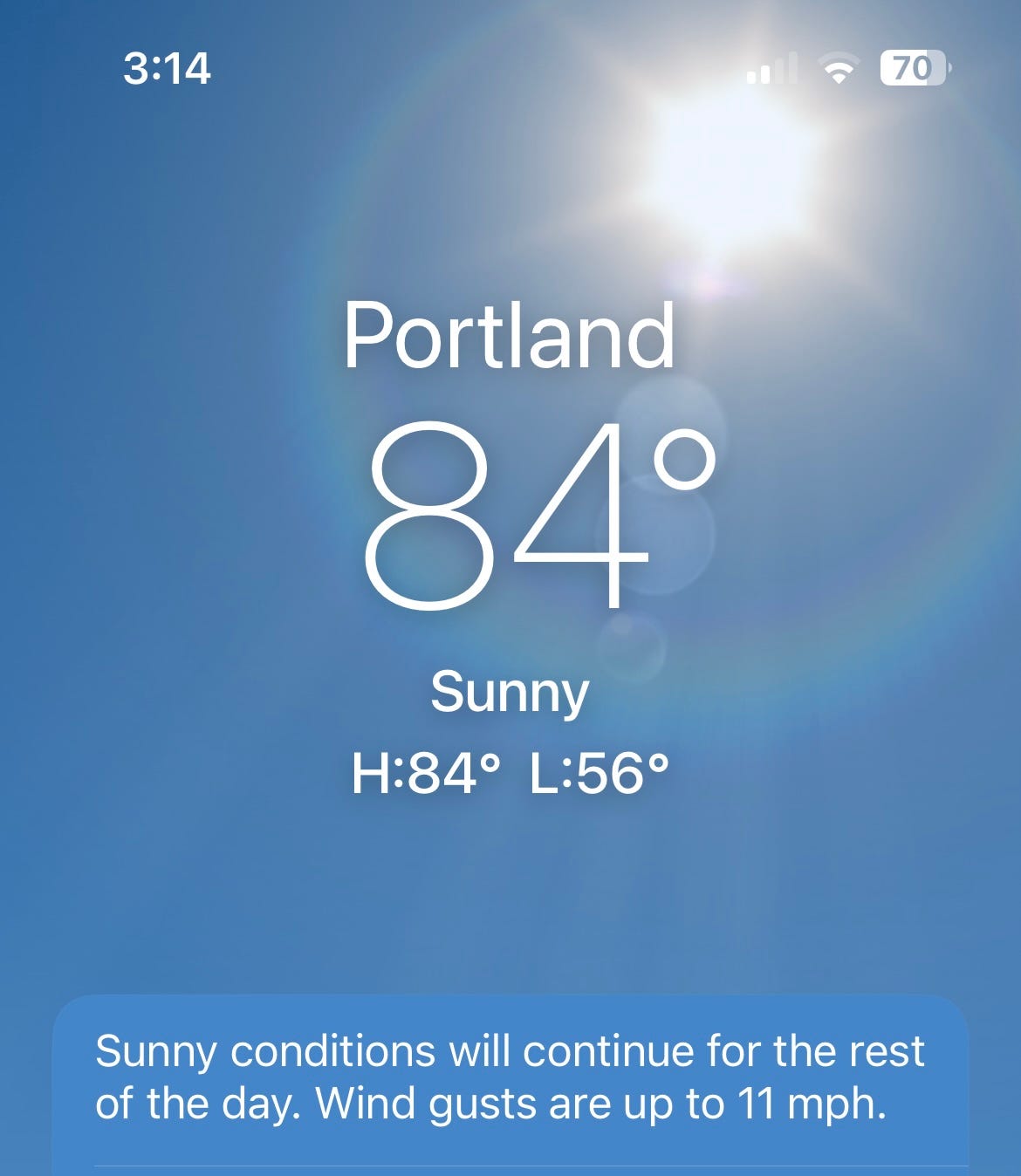 Screenshot of weather report; 84 degrees in Portland