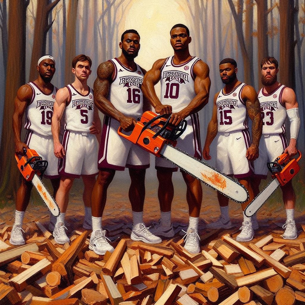 The Mississippi State basketball team holding chainsaws, impressionism