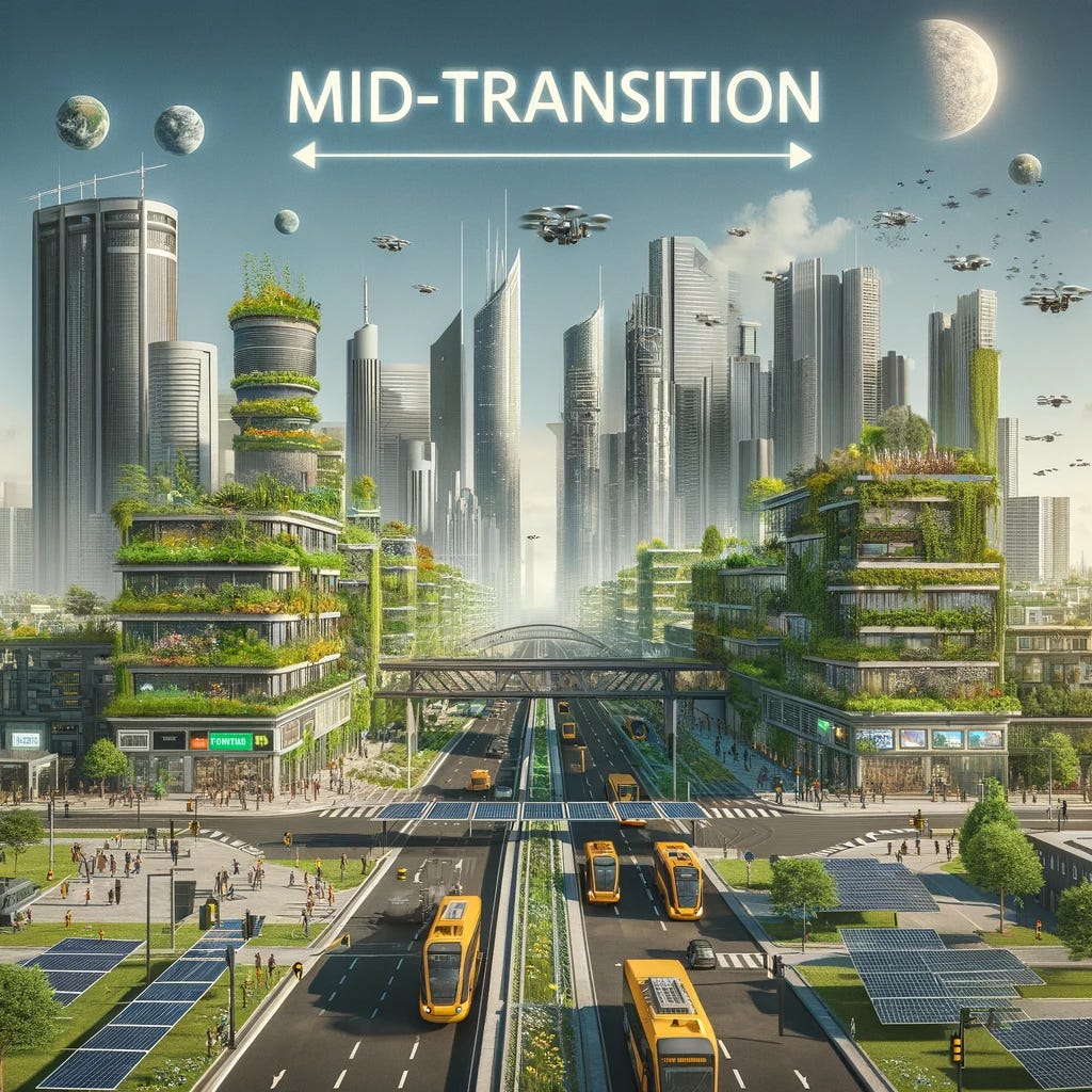 Mid-transition towards a protopian future, where technological advancements and environmental initiatives are visibly integrated into society. Urban landscapes feature vertical gardens, widespread use of solar panels, electrified public transportation, and educational programs focused on sustainability and technology. This scene illustrates the significant progress made in addressing environmental and societal challenges.