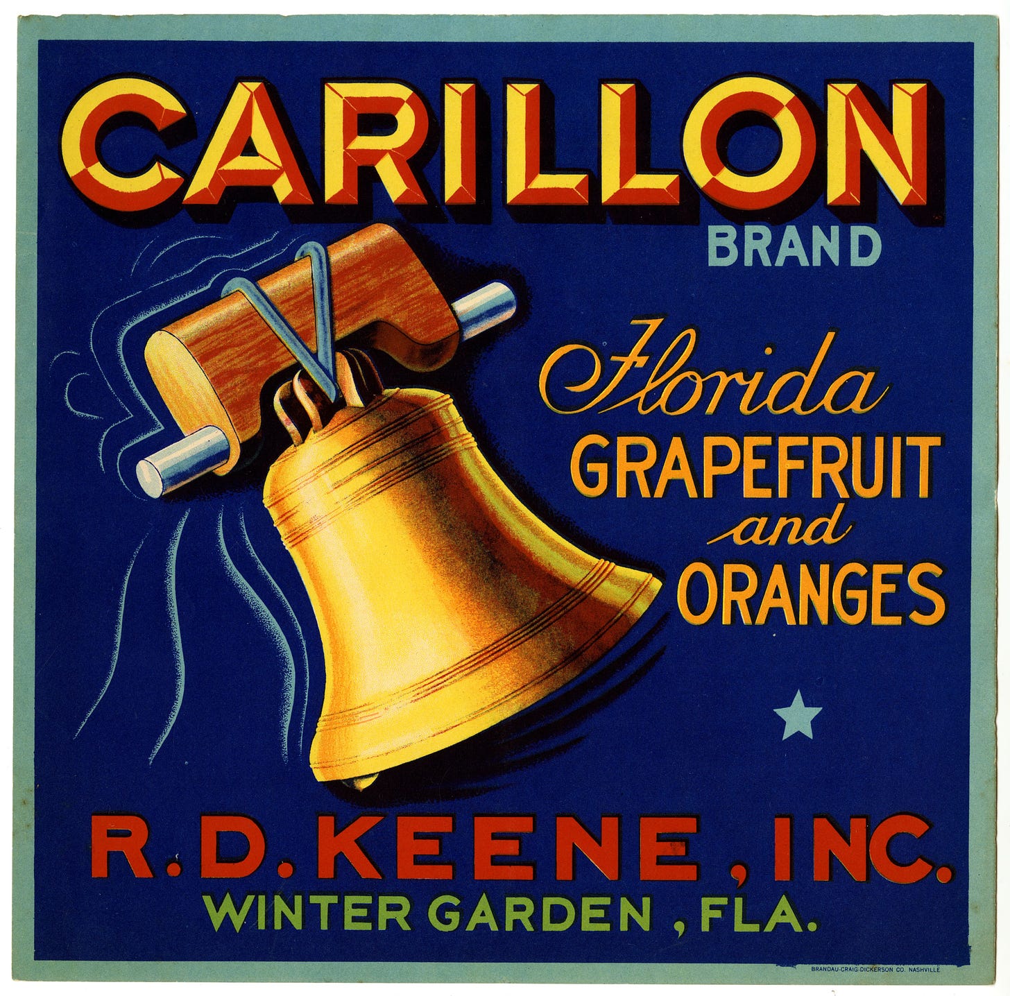 Citrus label with yellow bell on blue background.