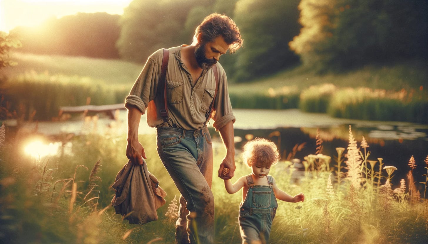 A photograph of a rugged dad and toddler son holding hands, the dad has a weathered face and scruffy beard, the son has curly hair and is wearing overalls, they are walking towards a serene pond. The background is a lush green meadow with wildflowers. Soft, golden sunlight filters through the trees, creating a warm, nostalgic atmosphere. Created Using: Canon EOS R5, f/2.8 aperture, natural lighting, warm tones, shallow depth of field, soft focus on background, 1980s family photo style, analog film grain, subtle vignette