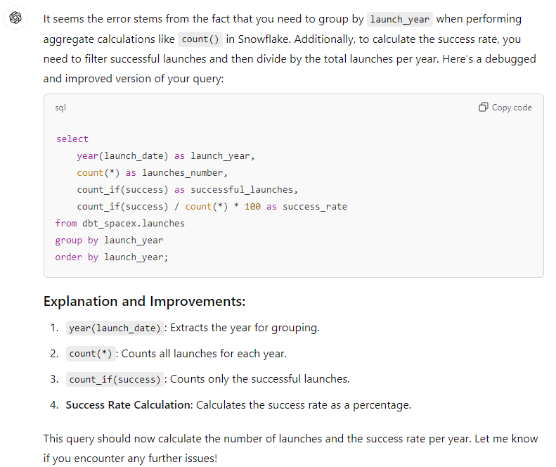 An SQL query that returns the number of total SpaceX launches and the success rate per year.