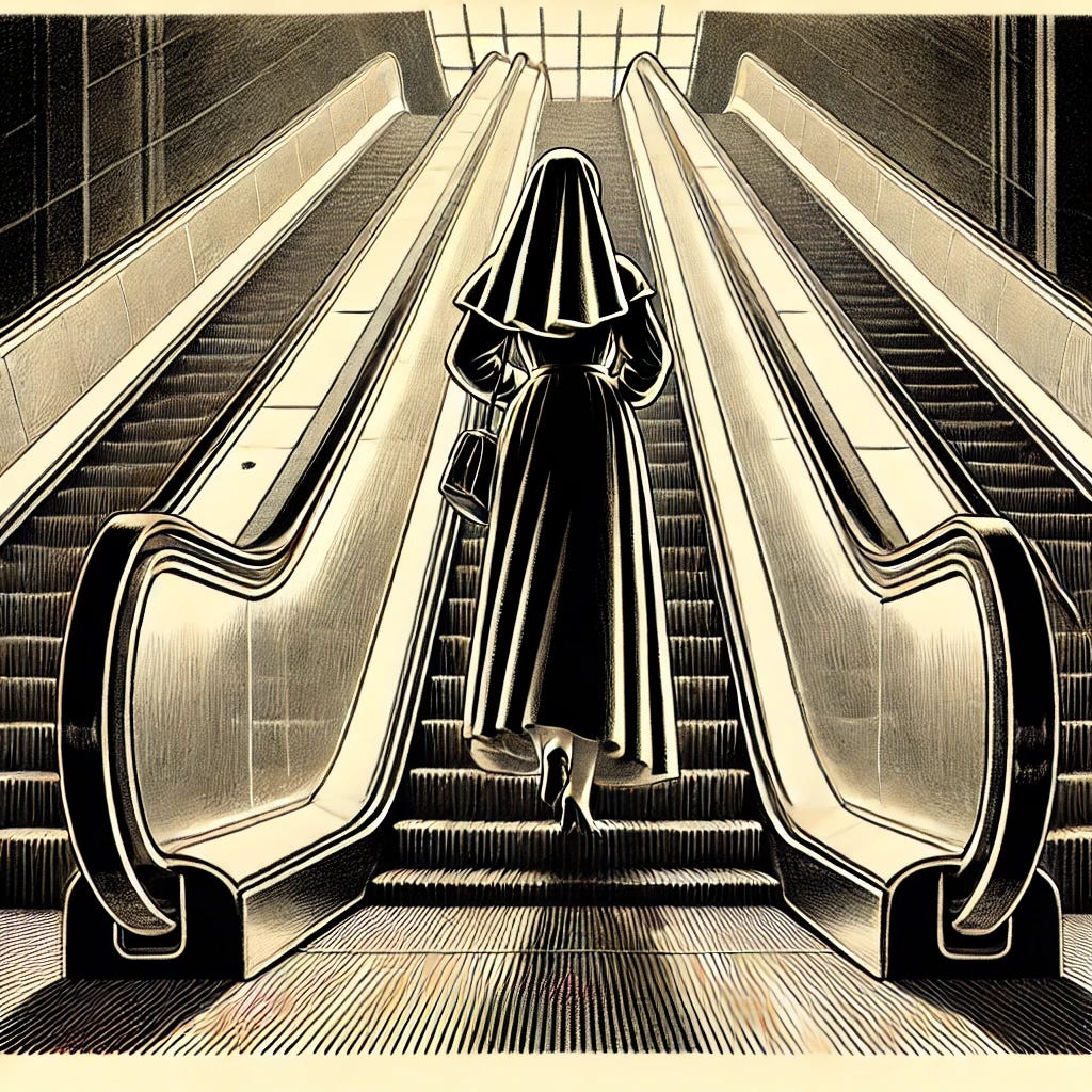 A 1950s style inked illustration depicting a nun ascending an escalator in a dramatic film noir-inspired scene. The nun is dressed in traditional attire, her figure silhouetted against the escalator's mechanical lines. The setting is dark and moody, with strong contrasts and dramatic shadows, evoking the suspenseful aesthetic of film noir. The illustration features vintage ink lines and soft shading, with a muted color palette typical of mid-century artwork. The composition creates a sense of mystery and intrigue, combining religious imagery with the stylized drama of 1950s noir films.