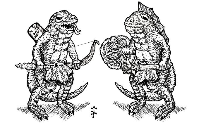 Two lizardfolk, one with a dagger and bow, and the other with a shield and club.