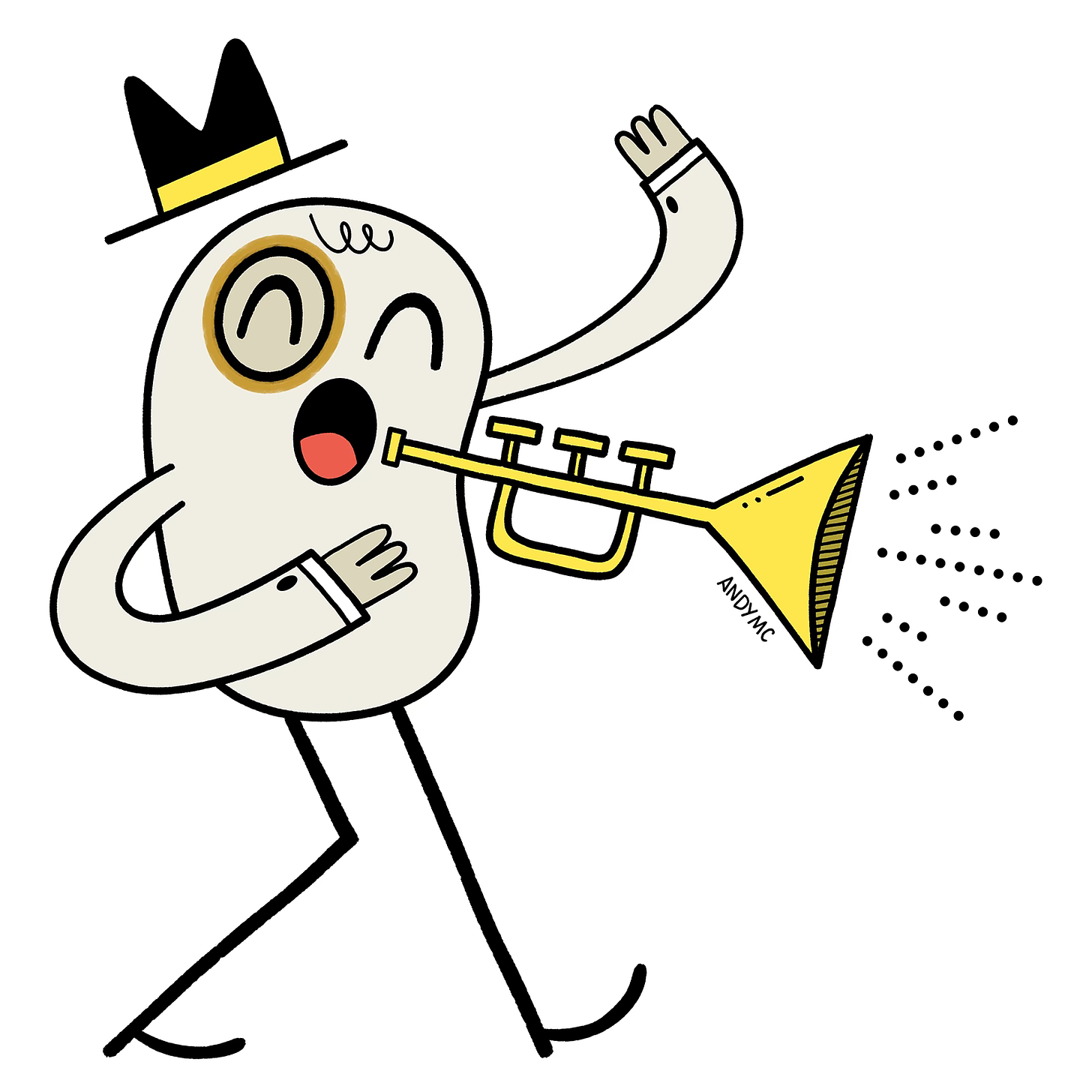 An illustration of a black-eyed pea playing a trumpet.
