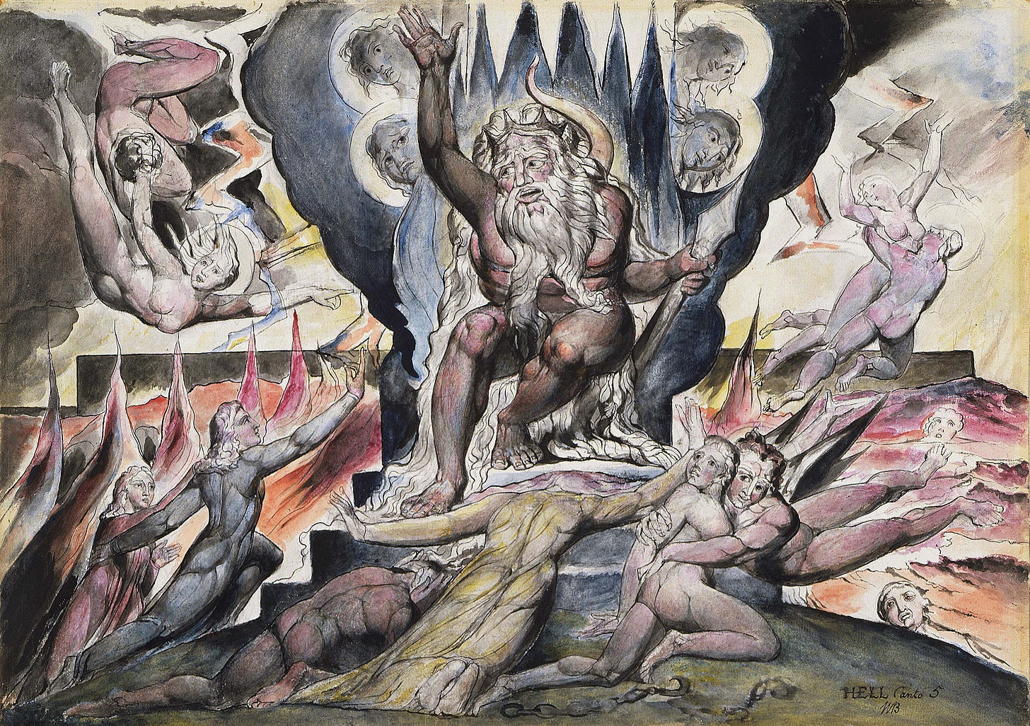 A photo of a watercolour painting, over an outline in pencil and chalk. A fat man with a long white beard and a crown, or possibly horns, is enthroned on a jagged black seat. Four haloed angels peek out from behind him, and multiple figures cringe before him, including one couple clinging to one another, and a woman prostate, face down directly in front of him. Behind them the landscape is red, dark, and stormy. 