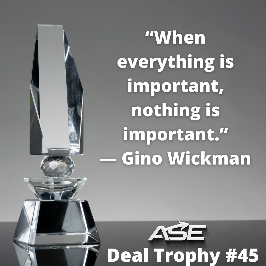 May be an image of text that says '"When everything is important, nothing is important." -Gino Wickman ASE Deal Trophy #45'