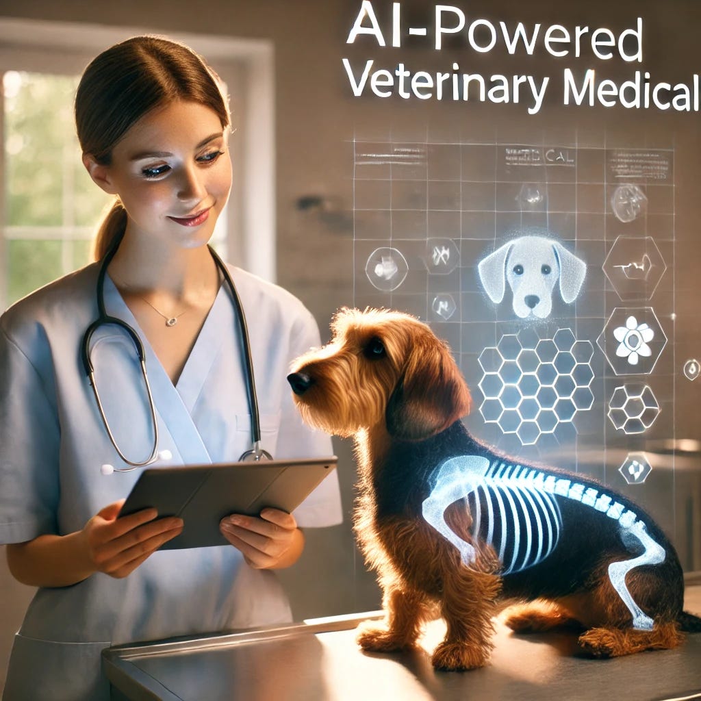 A modern veterinary clinic scene featuring a female veterinary surgeon using an AI-powered tablet to aid in clinical decision-making. The tablet displays subtle holographic medical data projections, including a holographic dog x-ray image. The holographic words 'AI-powered veterinary medical' are displayed at the top of the projection. A friendly wire-haired dachshund sits on the examination table, looking up at the veterinarian attentively. The veterinarian has a thoughtful expression and is engaging with the data on the screen. The atmosphere is warm and professional, emphasizing the supportive role of technology in animal health care.