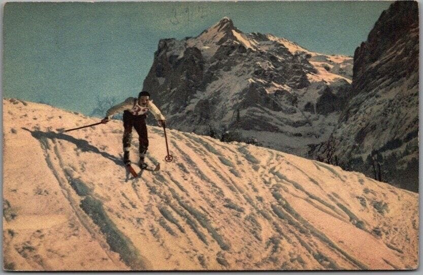 Vintage Switzerland Greetings Postcard Skiing Scene Alps Panorama View / Unused - Picture 1 of 2
