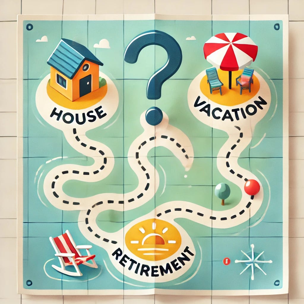 A creative map illustration featuring three marked destinations: 'House,' 'Vacation,' and 'Retirement.' The locations are connected by winding paths, and at the center of the map, a large question mark is prominently displayed, symbolizing uncertainty or decision-making. The style is clean and colorful, resembling a treasure map with a playful vibe. Each destination has small themed icons: a house for 'House,' a beach umbrella for 'Vacation,' and a rocking chair or sunset for 'Retirement.' The paths are dotted and the map has subtle grid lines with soft shading.