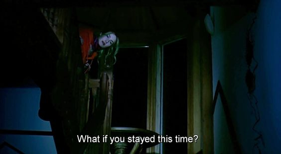 This may contain: a creepy clown standing in front of a window with the caption what if you stayed this time?