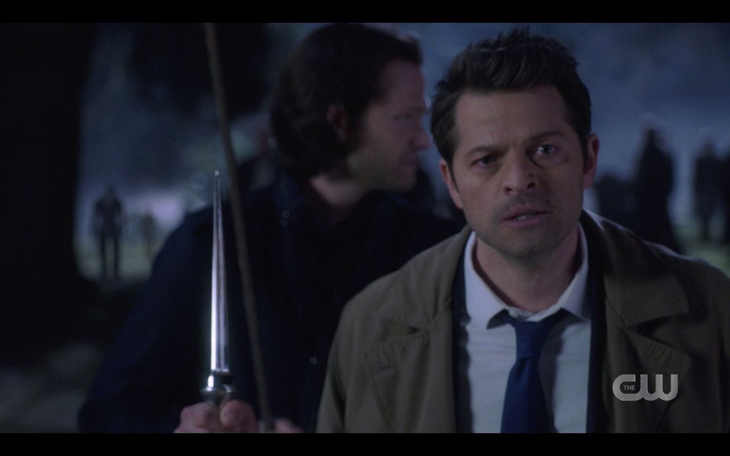 Castiel with Sam Winchester stake ready for zombie horde battle SPN 14.20