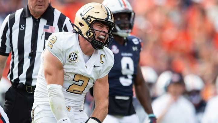 Vanderbilt Commodores quarterback Diego Pavia (2) celebrates a first down as Auburn Tigers take on Vanderbilt Commodores at Jordan-Hare Stadium in Auburn, Ala., on Saturday, Nov. 2, 2024. Vanderbilt Commodores defeated Auburn Tigers 17-7.