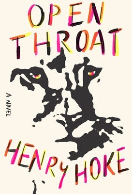 Cover of Open Throat, a novel by Henry Hoke. It's a fragmented silhouette of a mountain lion against a white background. The title is written in red and black capital letters.