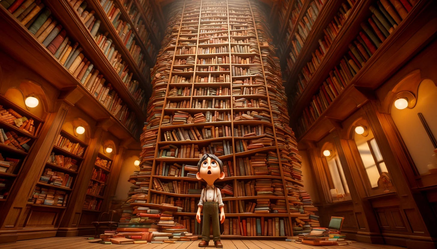 A comically large bookcase towering over a young boy who is looking up at it in awe. The bookcase is filled with oversized books, reaching towards the ceiling, with the top shelves barely visible. The boy, with wide eyes and a surprised expression, stands with his head tilted back to take in the sheer height of the bookcase. The setting is a cozy library with warm lighting and wooden floors, adding to the whimsical and exaggerated feel of the scene.