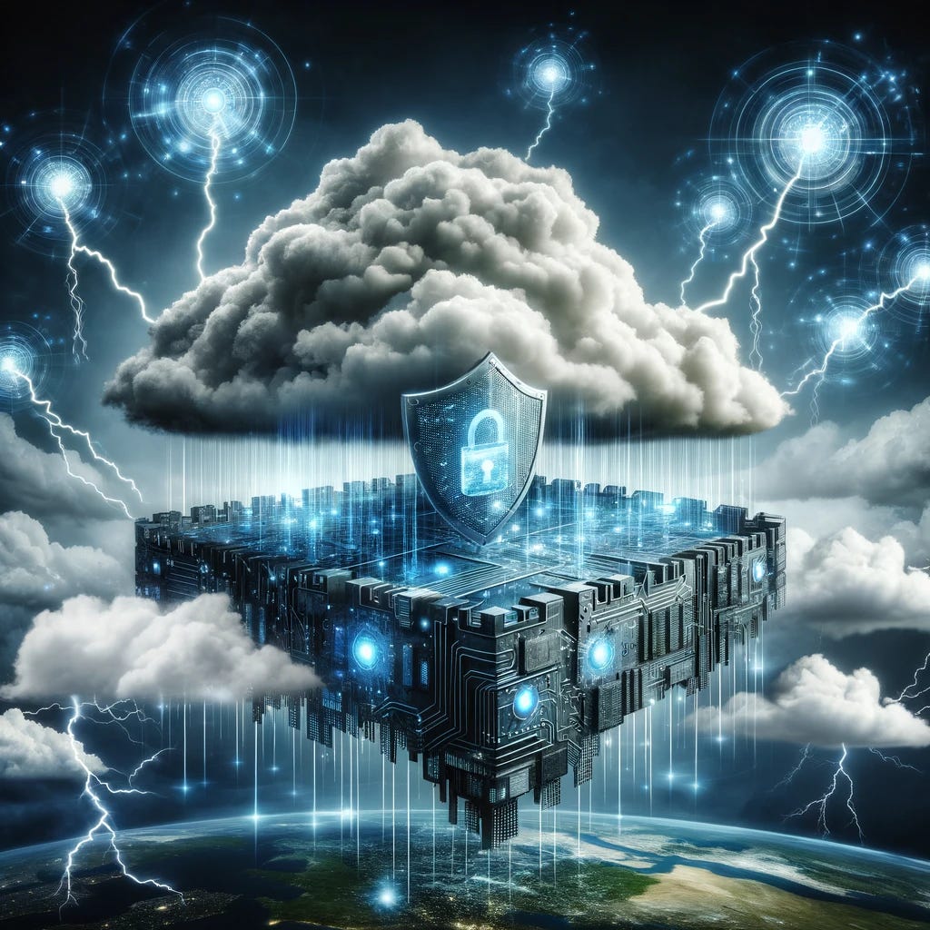 A fortress floating in the sky, made of digital circuitry and code, representing a secure cloud. It's surrounded by multiple layers of glowing energy shields. The background is tumultuous with dark storm clouds and jagged lightning bolts, symbolizing imminent cyber threats. The contrast between the serene, high-tech fortress and the chaotic weather around it highlights the metaphor of cybersecurity.