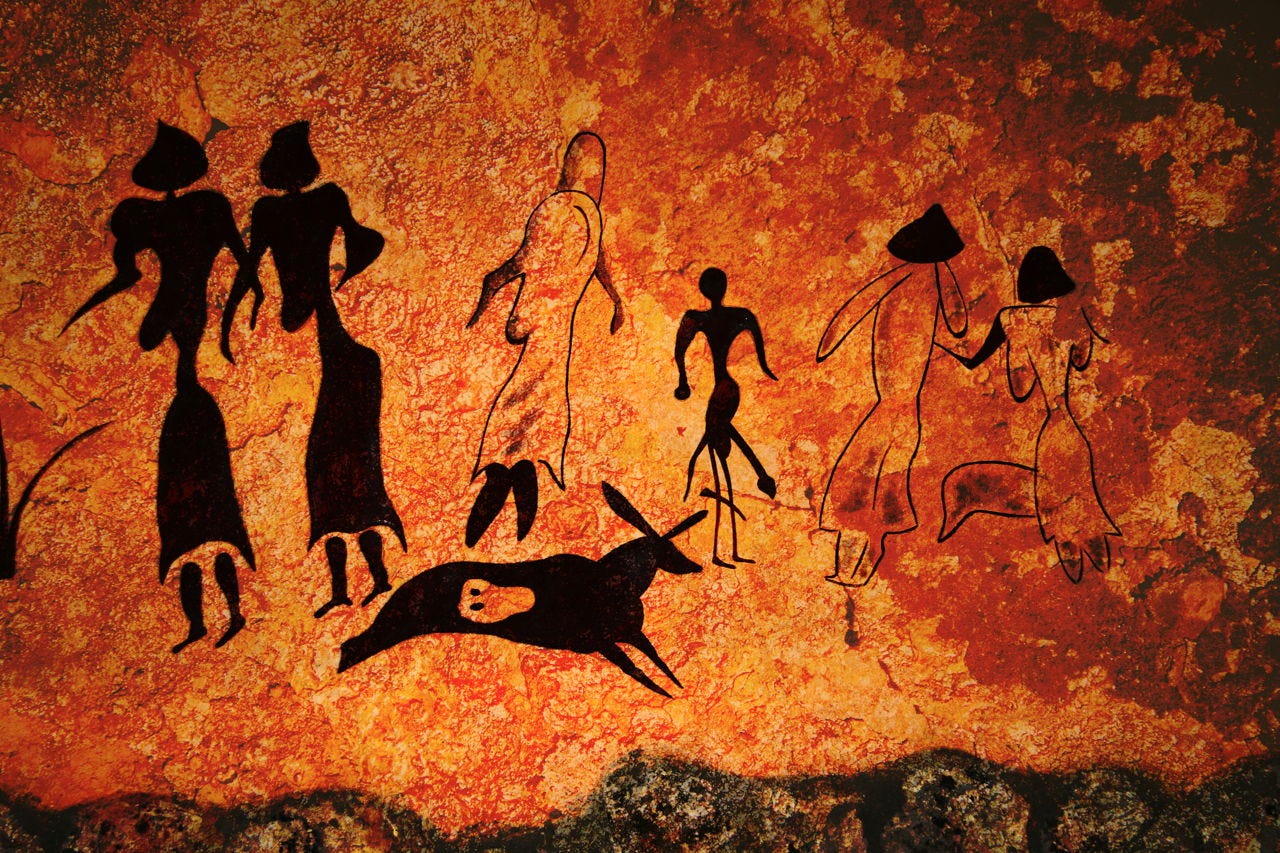 A beautiful Lascaux cave painting on bright orange background depicting fertile women and a leaping prey animal, complete awareness of reality and the immediacy of our need for the Earth.