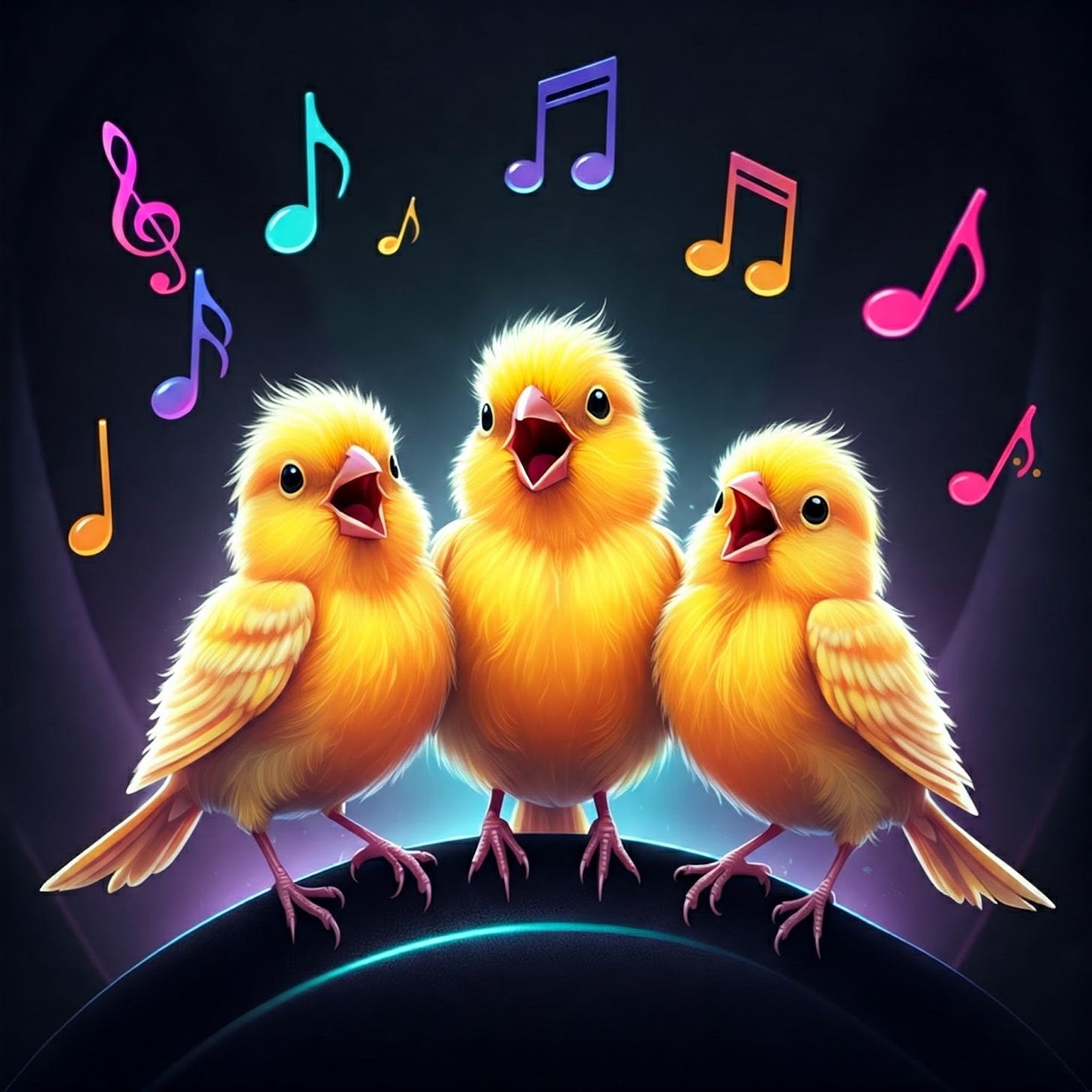 Image of three canaries singing with colorful musical notes above them.