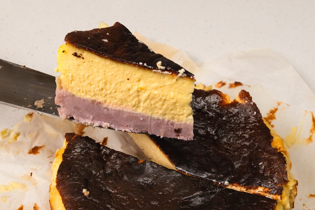 a slice of taro cheesecake