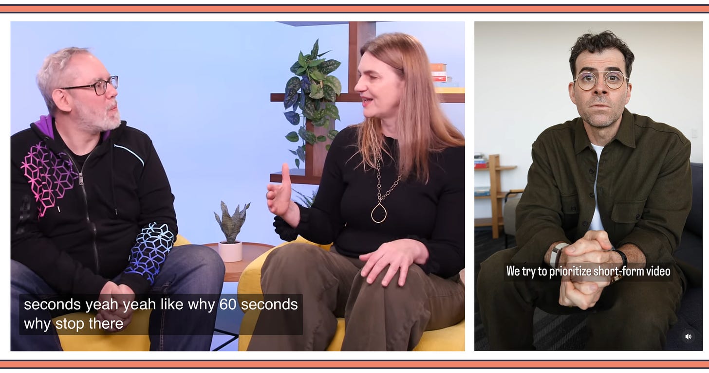 Screenshots from YouTube and Instagram. On the left, YouTube’s Rene Ritchie and Johanna Voolich. On the right, Instagram’s Adam Mosseri. YouTube video caption says “… seconds, yeah yeah like why 60 seconds why stop there.” Instagram video caption says “We try to prioritize short-form video”