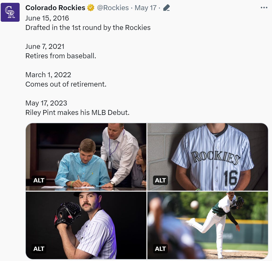 Colorado Rockies on X: June 15, 2016 Drafted in the 1st round by the  Rockies June 7, 2021 Retires from baseball. March 1, 2022 Comes out of  retirement. May 15, 2023 Riley