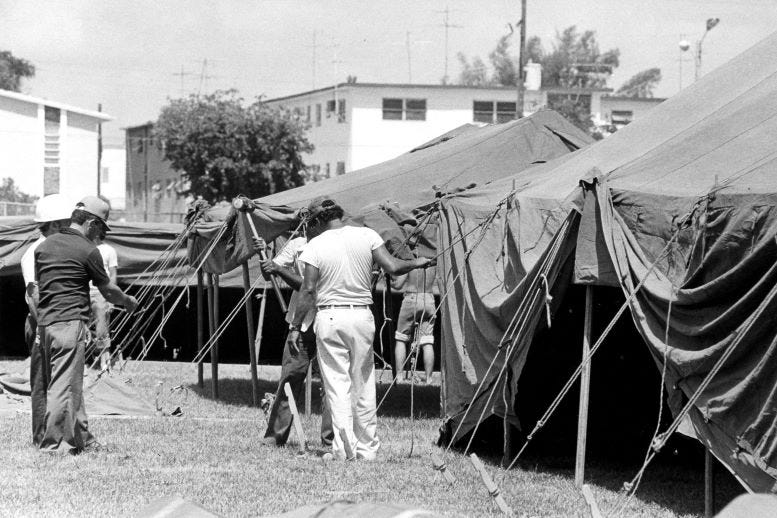 Tents being setup to accommodate the Mariel refugees in April of 1980. Courtesy of the Miami Herald. Tents being setup to accommodate the Mariel refugees in April of 1980. Courtesy of the Miami Herald.