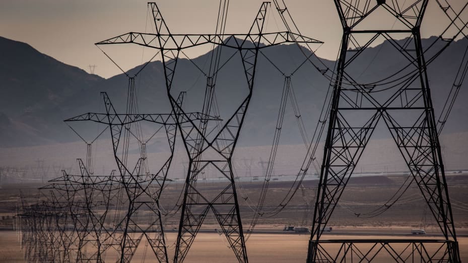 Heavy electrical transmission lines at the powerful Ivanpah Solar Electric Generating System, located in California's Mojave Desert at the base of Clark Mountain and just south of this stateline community on Interstate 15, are viewed on July 15, 2022 near Primm, Nevada. The Ivanpah system consists of three solar thermal power plants and 173,500 heliostats (mirrors) on 3,500 acres and features a gross capacity of 392 megawatts (MW).